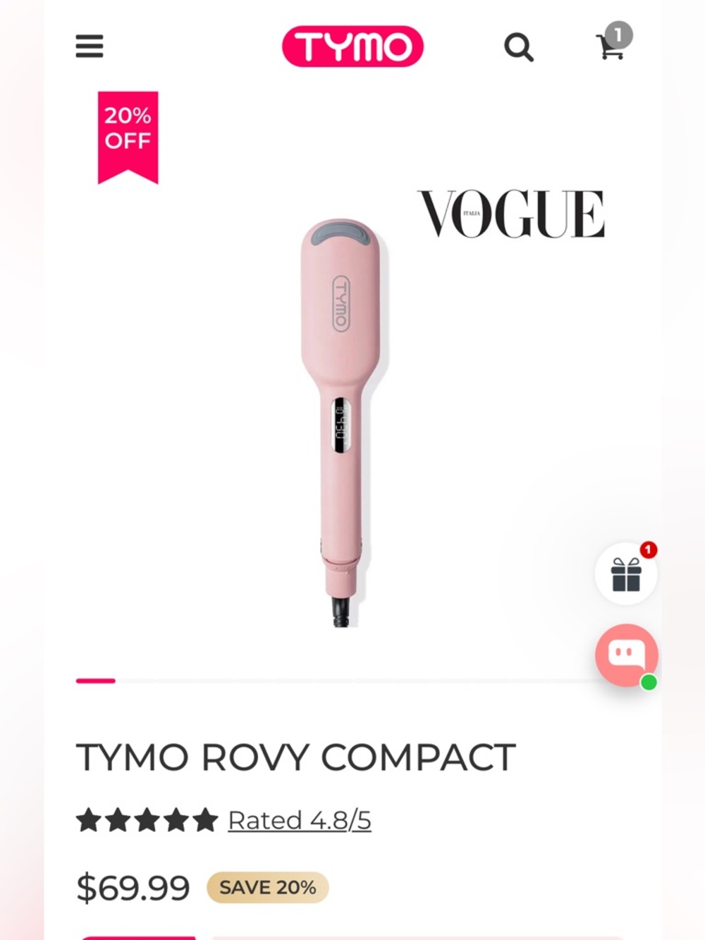 TYMO Rovy Compact Pink Hair Straightening Brush.  New in unopened box